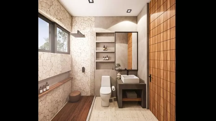 Un baño con un lavamanos, un closet de madera y un espejo grande en Mya Essence Tulum