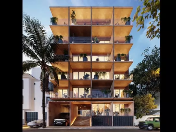 Fachada de un edificio, una palmera y 3 autos estacionados en Ikuku Playa del Carmen