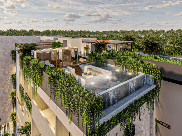 Aerial view of two terraces with Balinese beds at Hygge Tulum