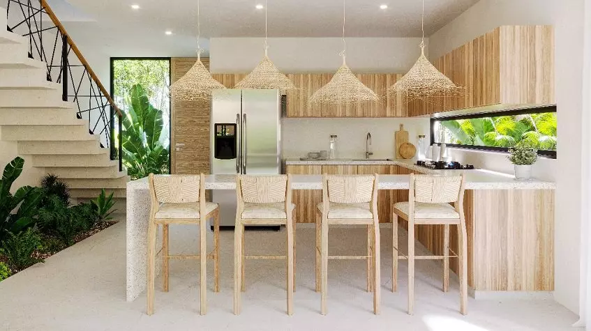 Una cocina equipada y una escalera en Noi Tulum