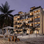 Building facade at night on the beach at Condos 89 Mahahual