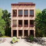 Fachada exterior de edificio color rosado en Anemona Tulum