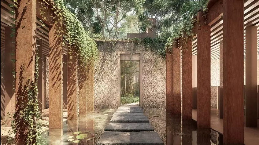 Un pasillo con acceso a un jardin en Candela Tulum
