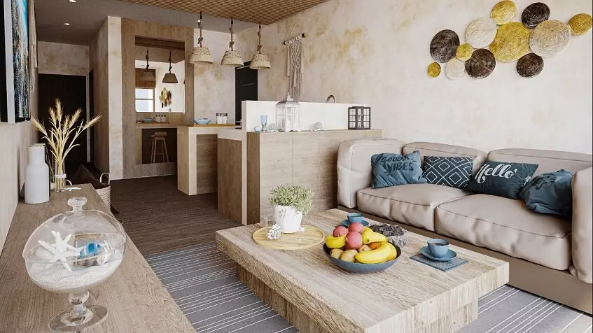 Una cocina, una sala y un centrro de mesa de madera en Condos 89 Mahahual