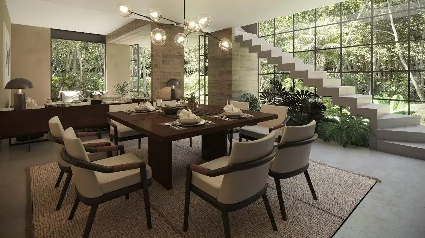 Salon-salle à manger et escalier donnant sur le jardin de la Villa Amore