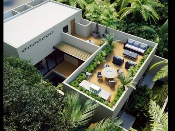 Una terraza con arboles alrededor en Casa Ameyalli Tulum