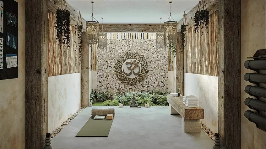 Un area de yoga con un tapete, toallas y cuadro decorativo en Condos 89 Mahahual