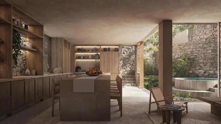 Dining room kitchen at Inku Residencial Tulum