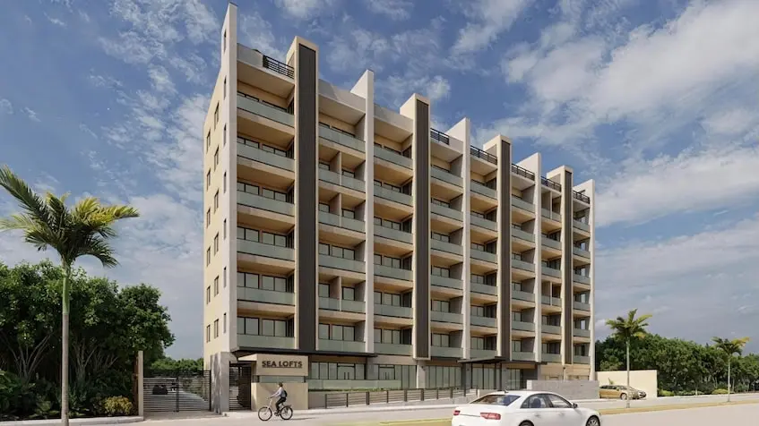 Fachada lateral en Sea Lofts Cozumel