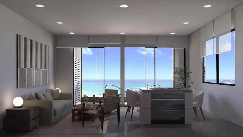 Interior de un estudio en Sea Lofts Cozumel