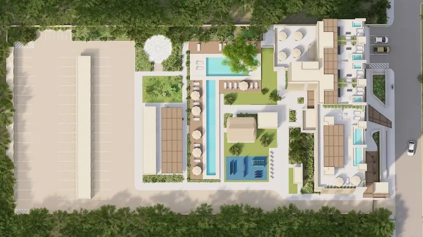 Vista aerea amenidades Sea Lofts Cozumel