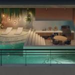 Grill terrace with round table, pool, and sundeck island in Corazón de Playa