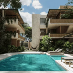 Fachada de edificio residencial y una pareja caminando junto al jardín de la piscina, mujer sentada en un camastro en Villa Balam