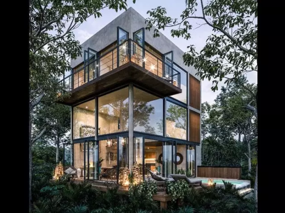House facade, two levels, walls of windows, terrace with pool in Trobbu Tulum