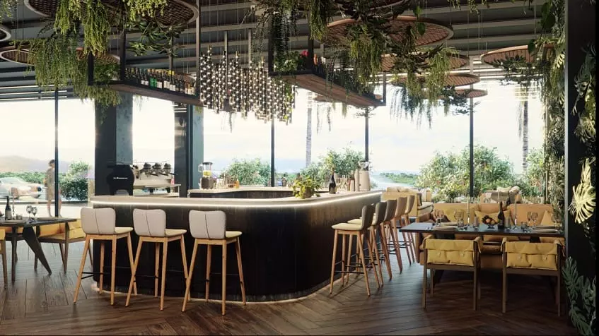 Restaurante con terraza abierta, plantas decorativas y street view en Zaguan Merida