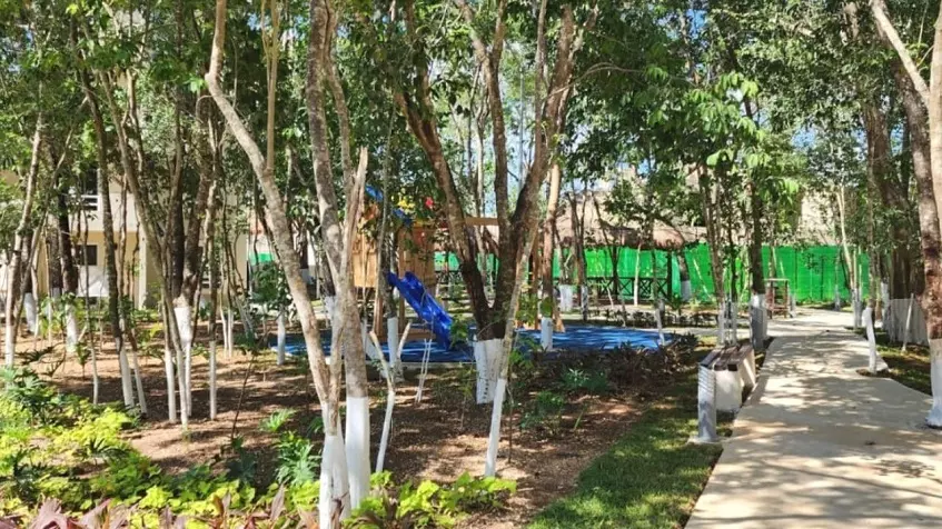 A pathway with trees, playground and palapa at La Selva Residences