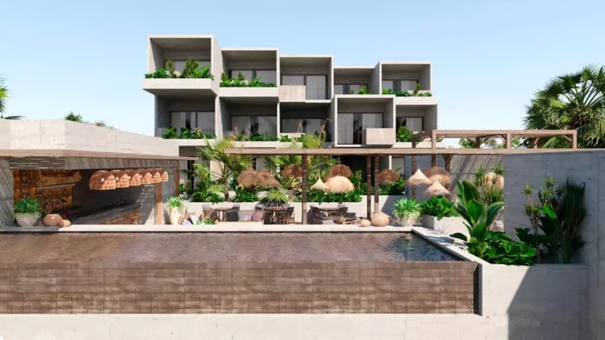 Fachada de una terraza y alberca Aqualuna Tulum