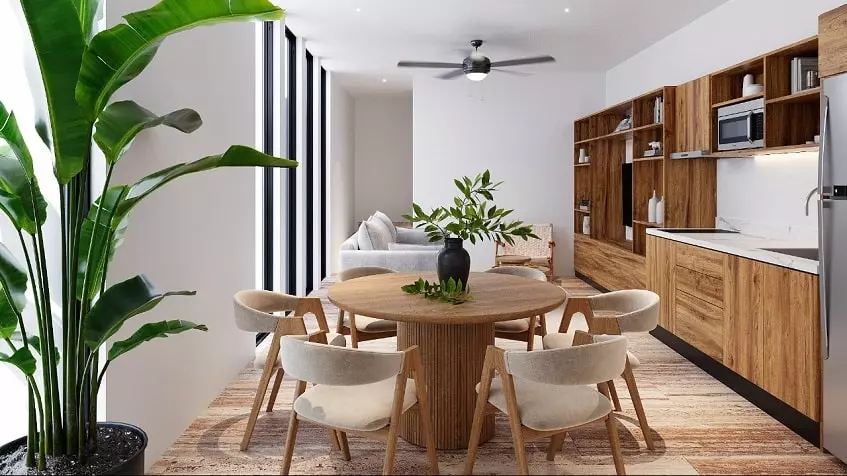 Una cocina y un comedor en Maresol Playa Estudios