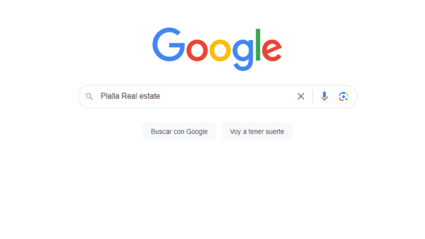 Buscador de google con la palabra de Plalla Real Estate