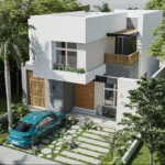 Une façade de maison vue de l'extérieur et une voiture garée à Casa Oasis Tulum