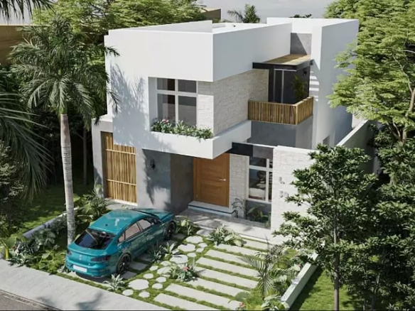 Una fachada de una casa vista desde el exterior y un auto estacionado en Casa Oasis Tulum
