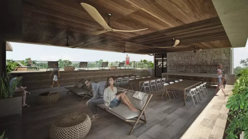 Un bar con terraza y alberca en 45 Av Apartments