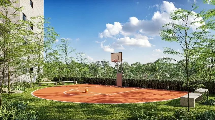 Una cancha de basketball con jardines alrededor en Le Parc Cancun