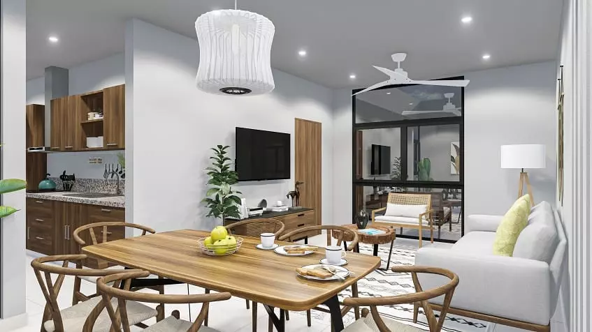 Un comedor, una sala y una cocina en Zenith Tower Playa del Carmen