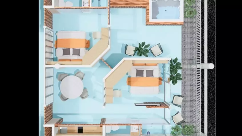 Un plano arquitectonico de un departamento de 2 recamaras en Baay Playa del Carmen