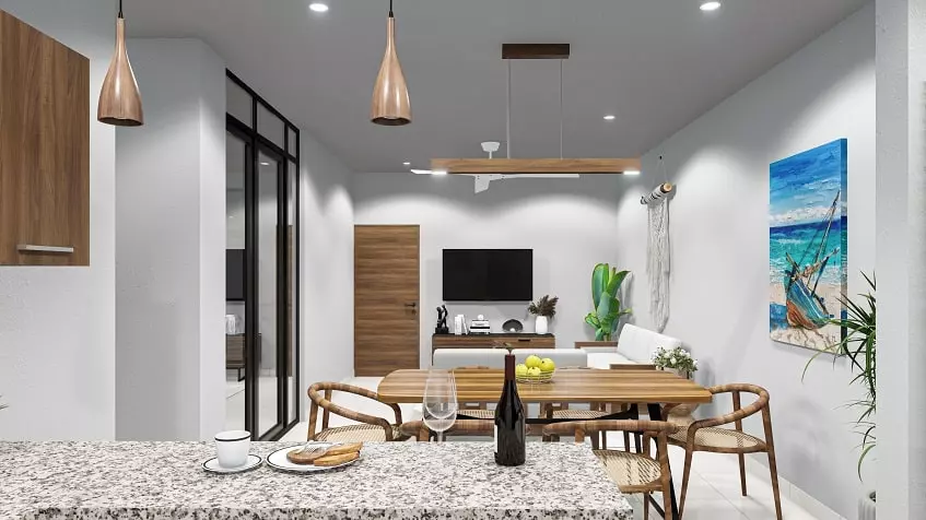 Una sala con un comedor y un cuadro decorativo en Zenith Tower Playa del Carmen