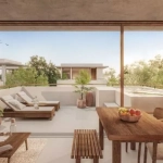 A terrace with a pool, a living room with a dining room in Huub Tulum
