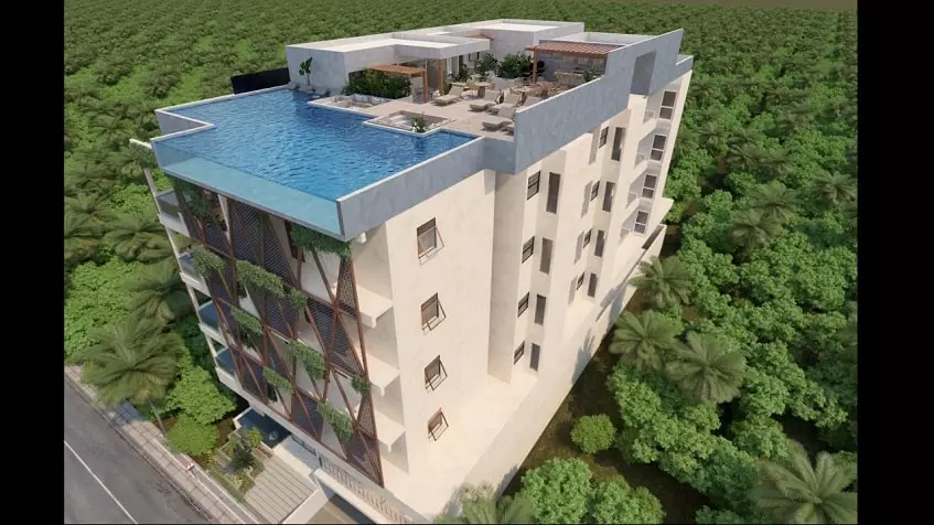 Vista aerea de la fachada de un edificio en Monarca 28 Beach Town