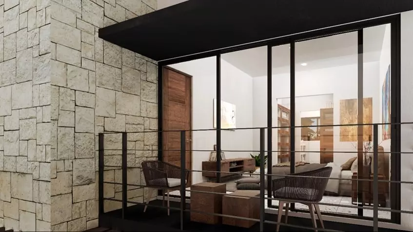 A balcony with 2 chairs and a bedroom in Muk Village