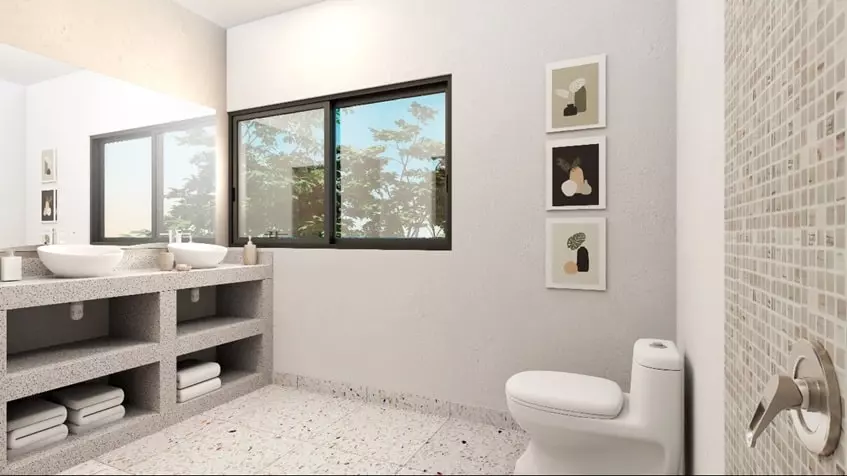 One bathroom with one toilet, one sink and one window in Aldea Muk