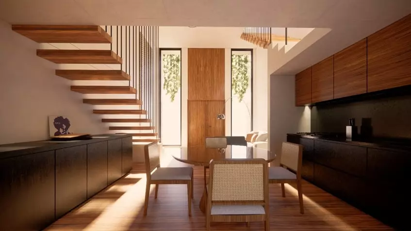 Una cocina, un comedor y unas escaleras en Kuxtal Luxury Residences Tulum