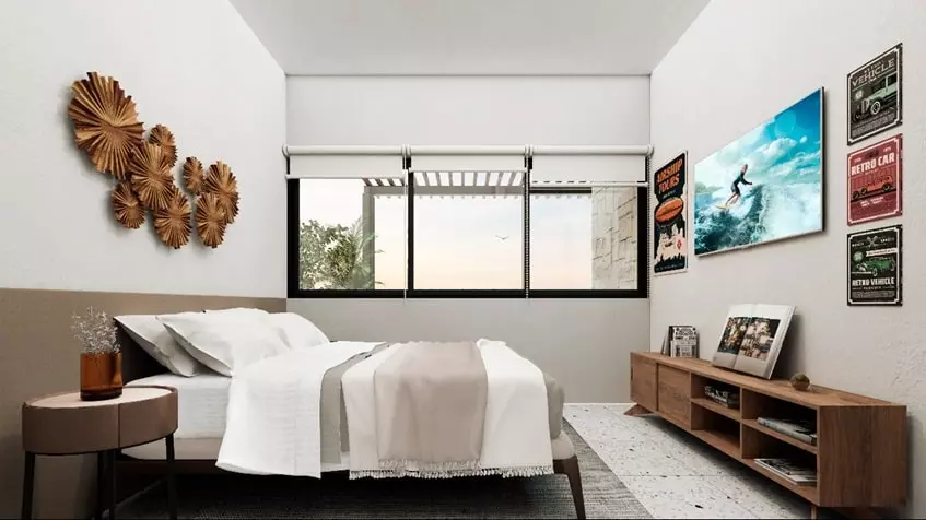 A bedroom with a wooden furniture, decorative pictures and a window in Aldea Muk