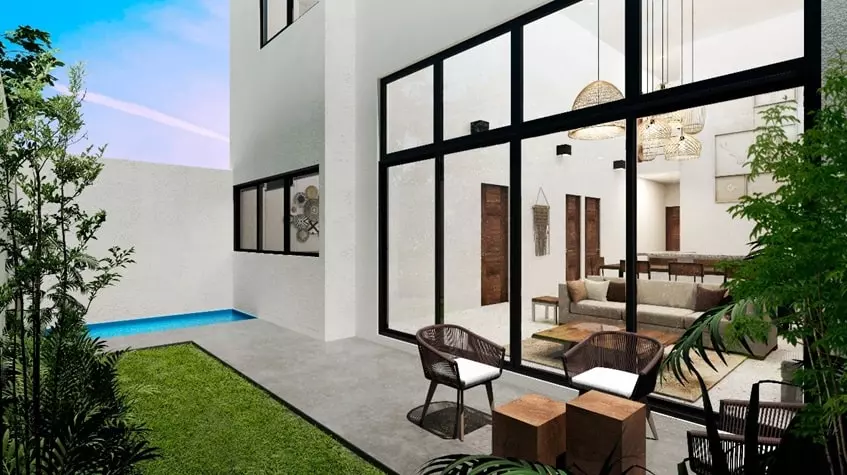 A living room and a terrace with a swimming pool at Aldea Muk