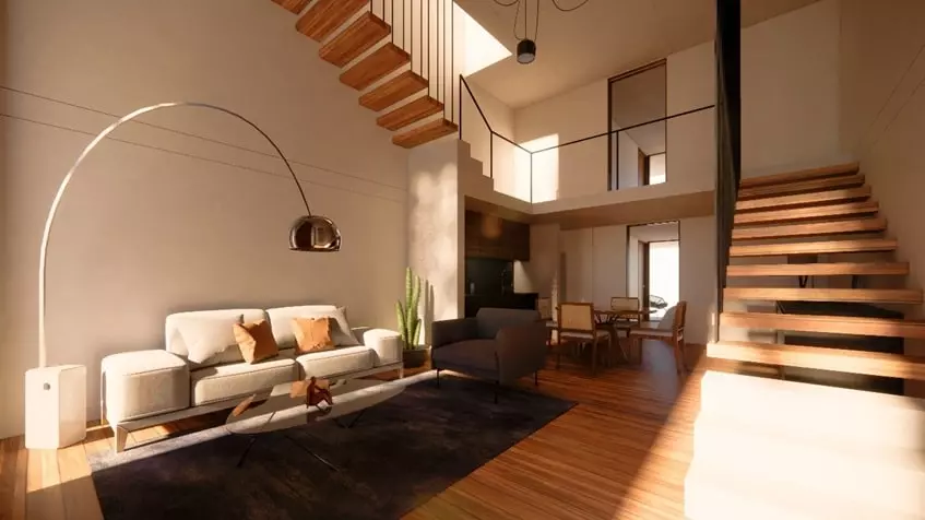 Una sala con un sofa y escaleras en Kuxtal Luxury Residences Tulum