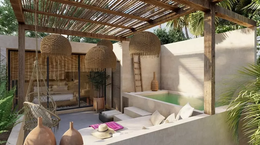 Una terraza con una alberca privada y area lounge en Xunkari