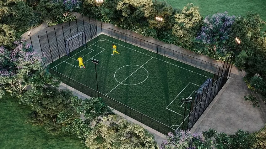 Vista aerea de una cancha de futbol en Tierra Madre