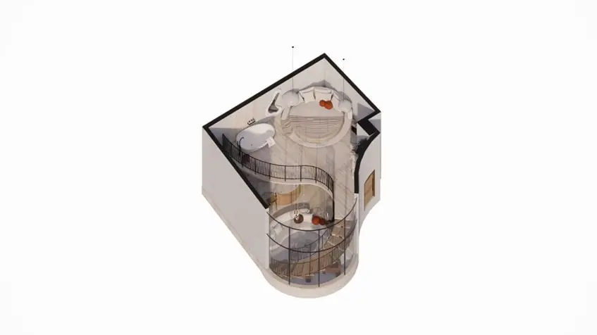 Un plano arquitectonico de un loft de planta alta en The Curve Tulum