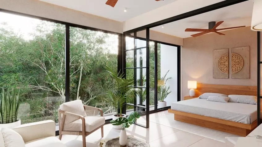 bedroom-terrace-elysium A bedroom with a decorative painting and garden view at Elysium