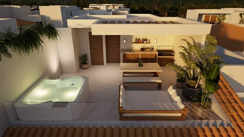 Una terraza con con jacuzzi y un area lounge en Marina Aqua