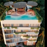 Aerial view of a pool with a terrace and bar at The Curve Tulum
