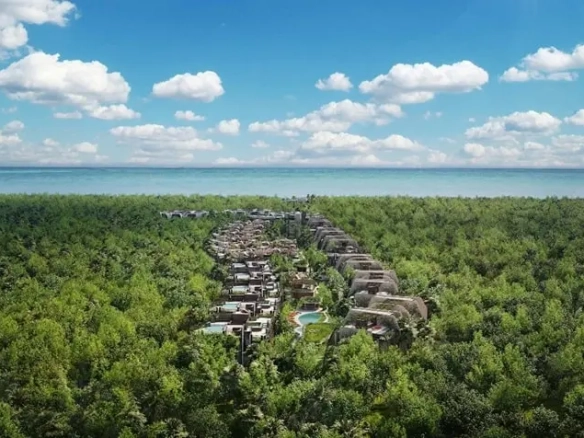 Vista aerea de desarrollo inmobiliario en medio de la selva en Faena Tulum