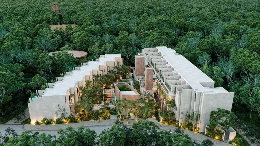 Vista aerea de un desarrollo nuevo con selva alrededor en Padma
