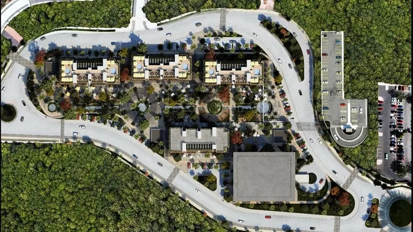 Vista aera de un desarrollo inmobilario en Paseo Country Downtown Merida