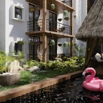 A common area with a pool, a palapa, and lounge chairs at Nari Cozumel