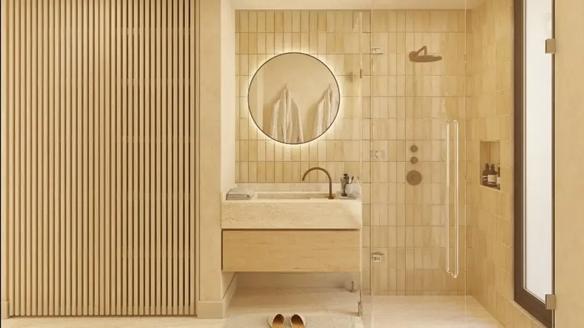 A bathroom with a sink, a large mirror and a shower in Ardeh Tulum