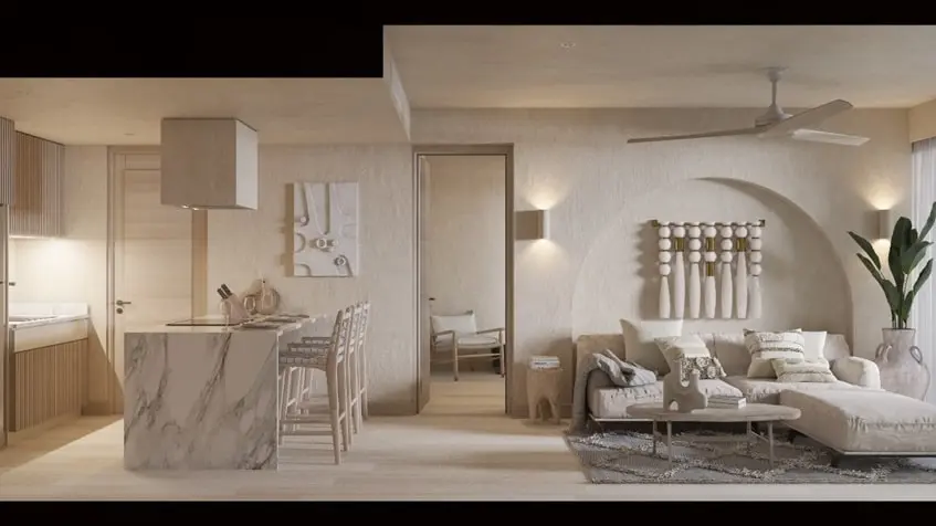 One living room with kitchen and a fan in Ardeh Tulum